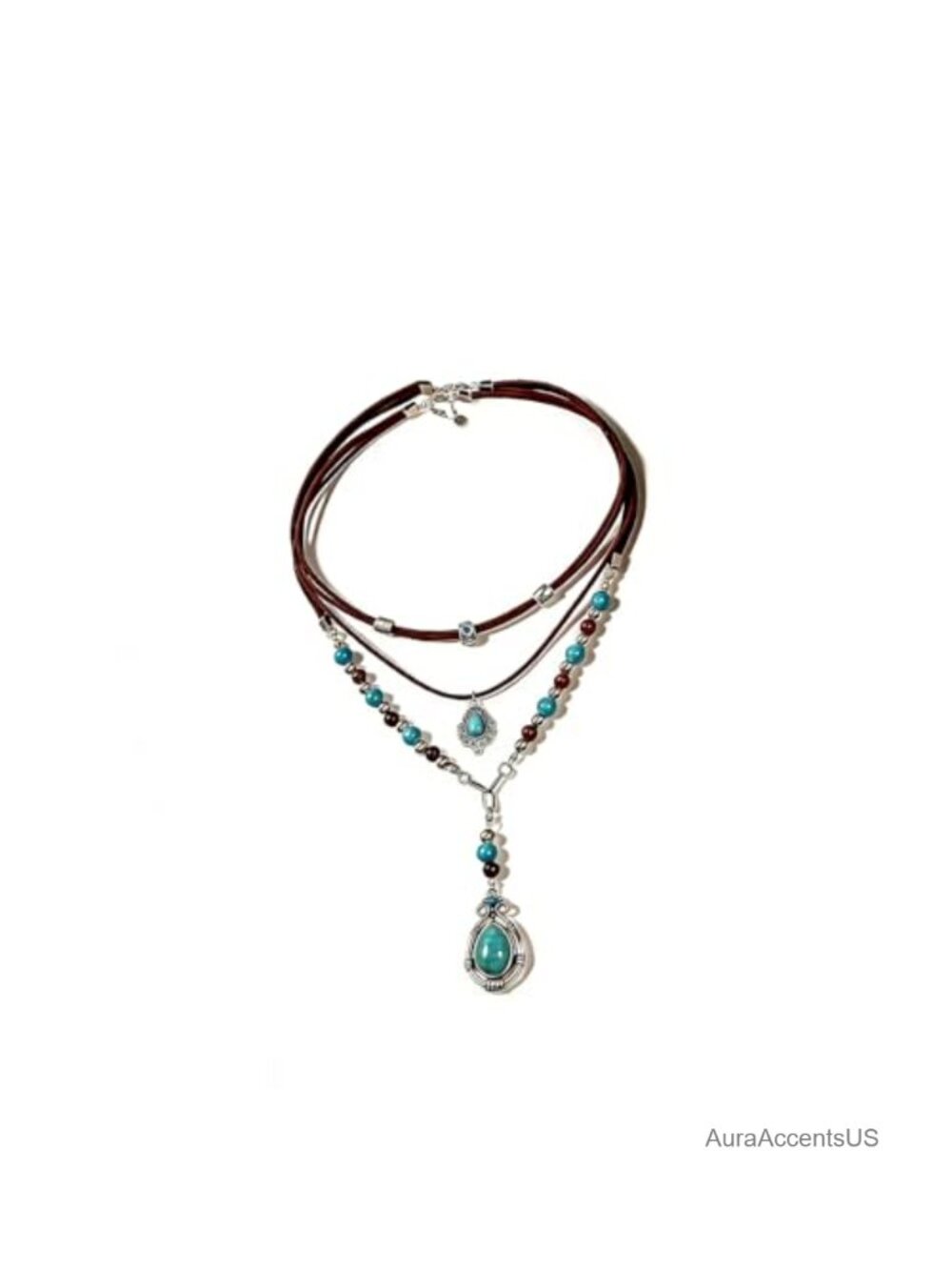Layered Turquoise Teardrop Pendant Necklace Beaded PU Chain Boho Gift